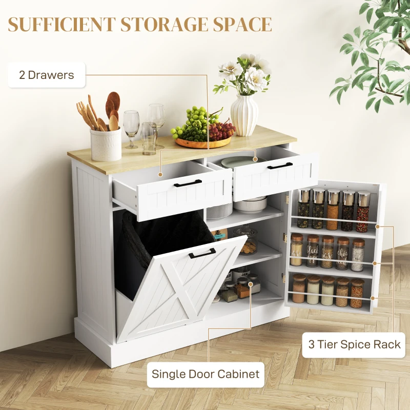 HOMCOM Sideboard with Tilt-out Trash Bin, Farmhouse Kitchen Sideboard with 2 Drawers, Adjustable Shelves, Door Racks, White