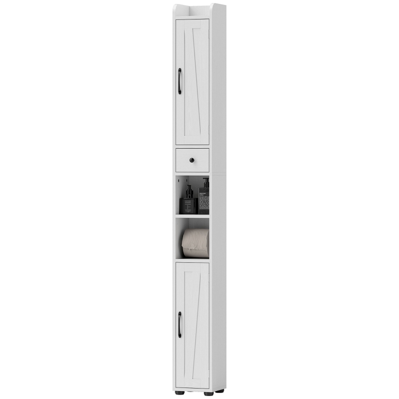 HOMCOM Tall Bathroom Cabinet, Farmhouse Slim Bathroom Storage Cabinet with Barn Doors, Toilet Paper Roll Holder, Drawer and Adjustable Shelves, Narrow Bathroom Storage Unit, 20 x 20 x 185cm, White