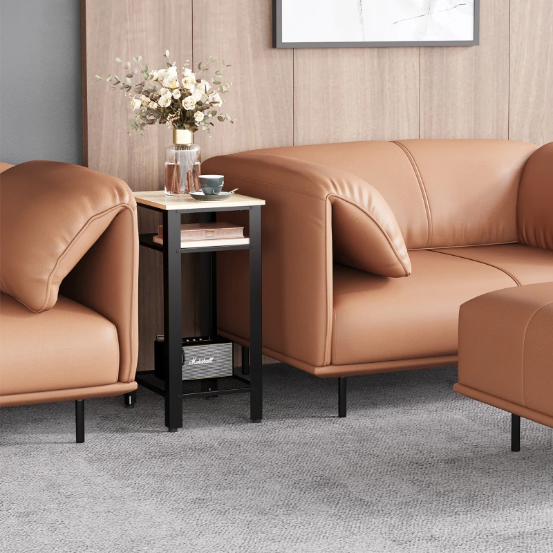 HOMCOM Mesa Auxiliar Mesita de Noche Estilo Industrial con 2 Estantes de Rejilla de Metal y Pies Ajustables para Salón Dormitorio 45x35x75 cm Roble y Negro
