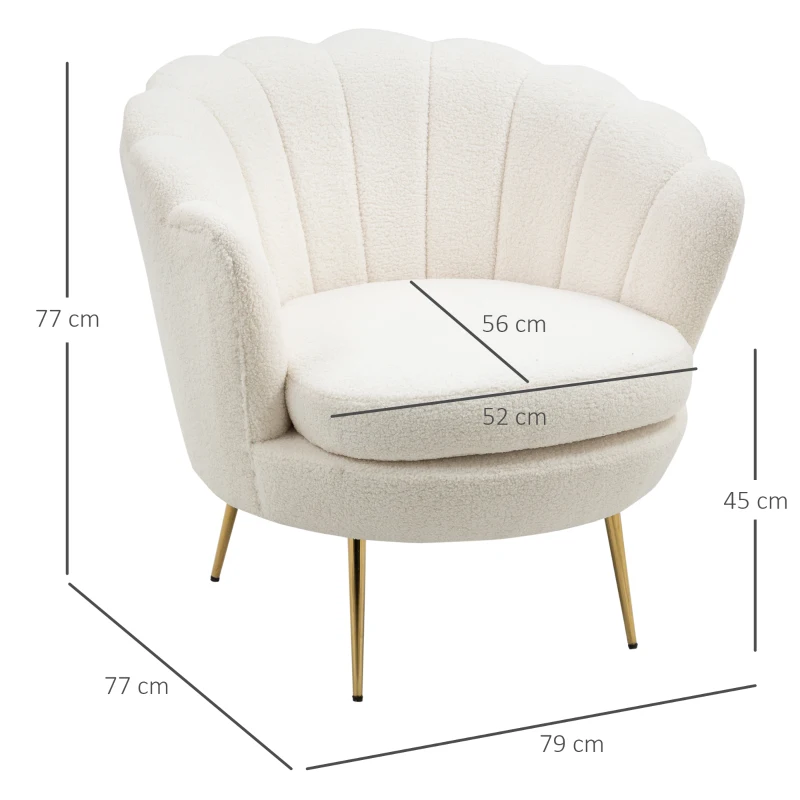 HOMCOM Polstersessel in Muschelform, Relaxsessel, Entspannungssessel, Metallbeine in Goldoptik, 79L x 77B x 77H cm, Weiß
