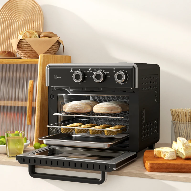 HOMCOM Minibackofen, 20L, 5 Funktionen, 360° Heißluft, Grillrost, Krümelblech, Schwarz(m-10)