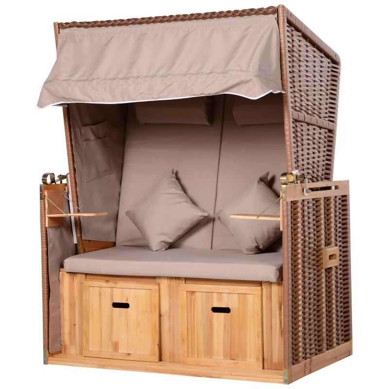 Outsunny Corbeille de plage 2 places - Cabine chaise de plage inclinable - abri plage strandkorb - coussins, repose-pieds, tablettes, pare-soleil - bois résine tressée polyester taupe