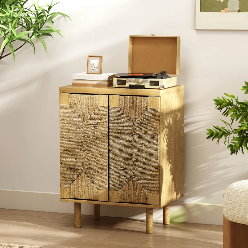 HOMCOM Aparador Bohemio de 2 Puertas con Cuerda Tejida a Mano Estante Ajustable Apertura por Presión Roble 60x40x78 cm