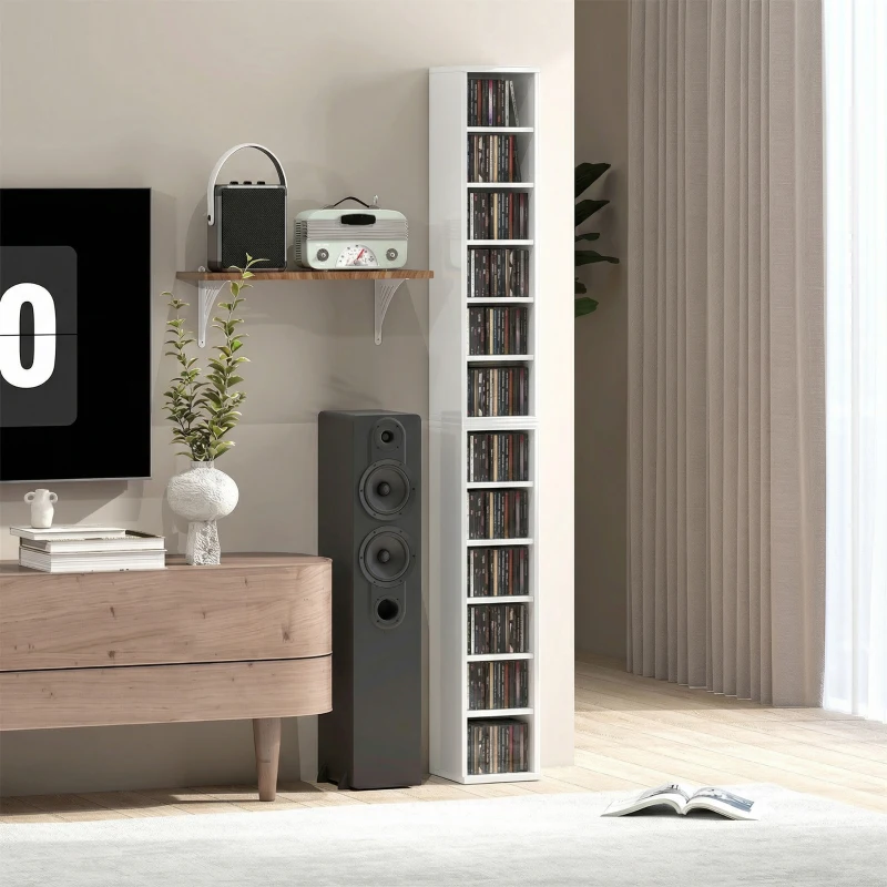 HOMCOM Set of 2 CD Media Display Shelf Unit Tower Rack with Adjustable Shelves, High Gloss White
