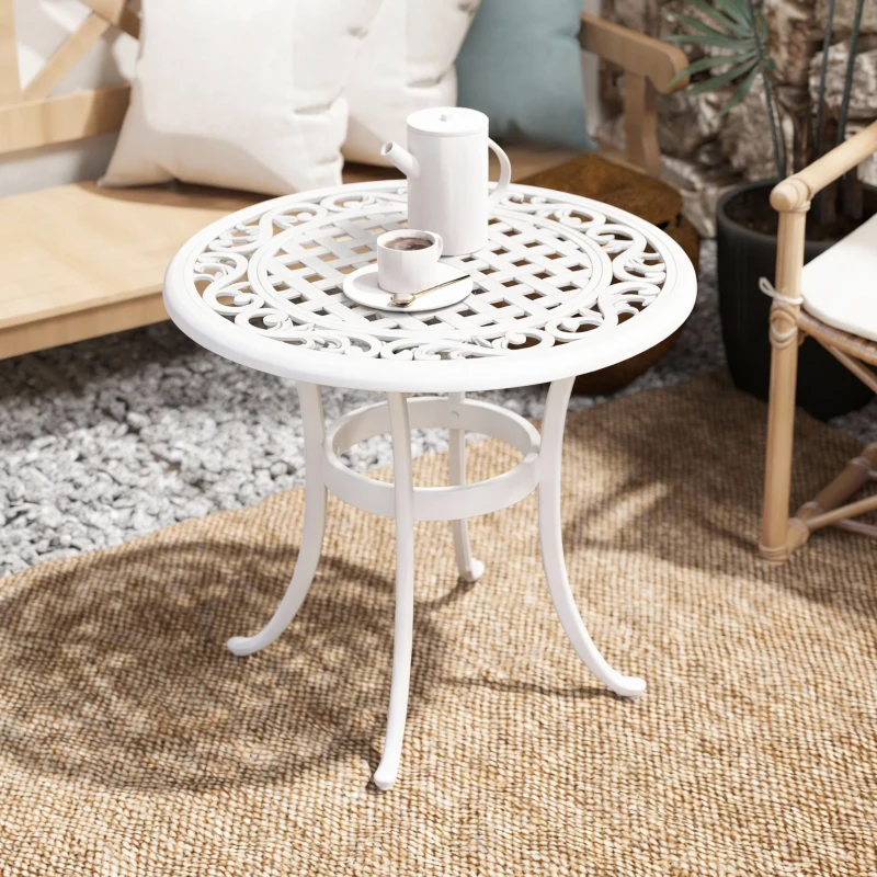 Outsunny 60 cm Round Garden Table, Cast Aluminium Outdoor Patio Table, White