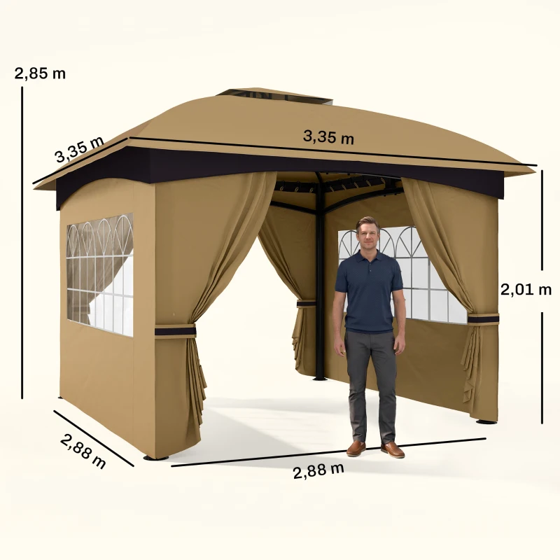 Outsunny 3,4 x 3,4 m Gartenpavillon, Bierzelt mit Lüftungsdach, Bogenfenstern, Stahlgestell, Beige