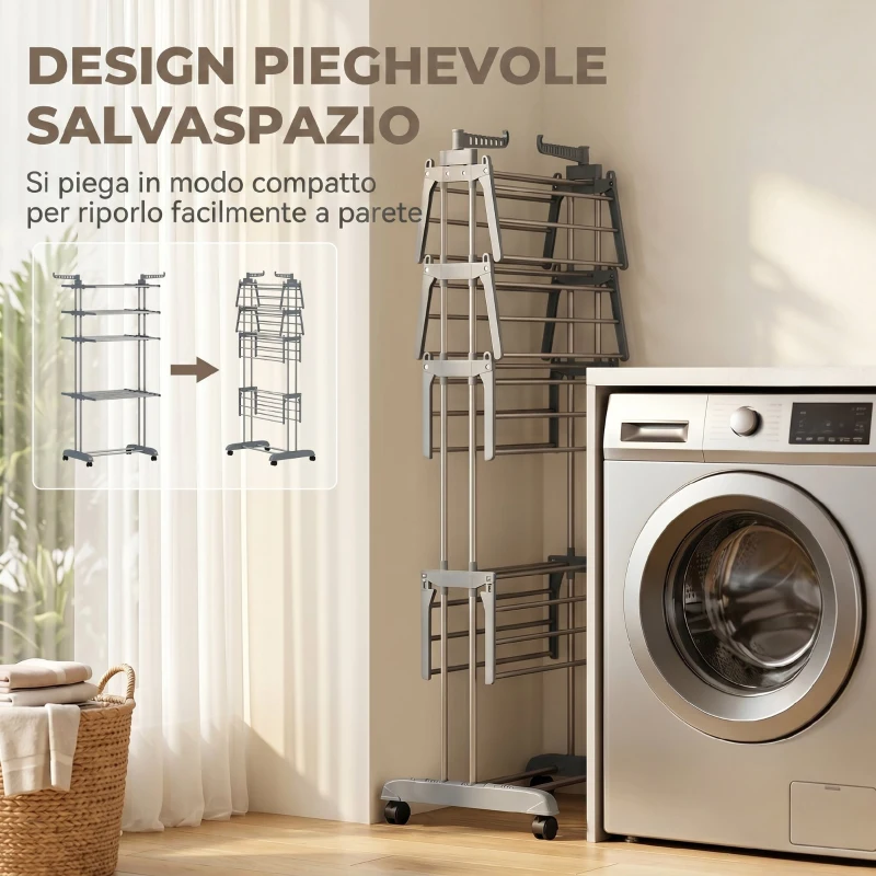 HOMCOM Stendibiancheria Pieghevole con 5 Livelli, Ruote e Struttura in Acciaio Inox, per Casa e Lavanderia, Grigio