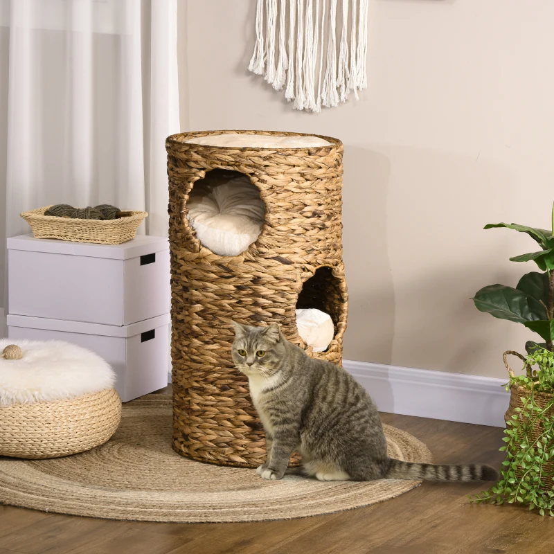 PawHut Toca para gatos com 3 níveis, 3 entradas, design boho, incl. almofada, 40 cm x 40 cm x 73 cm, Marrom claro + Creme