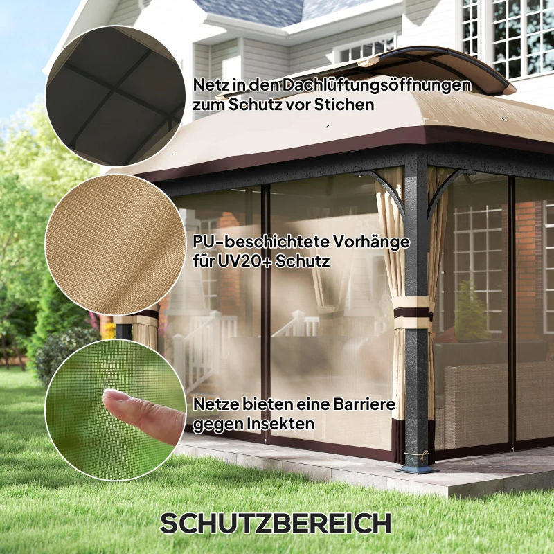 Outsunny Gartenpavillon, 3,3 x 4 m Gartenzelt mit Netz-Vorhängen, zweistufiges Dach, Kunstleder-Bezug, Metallrahmen, Khaki