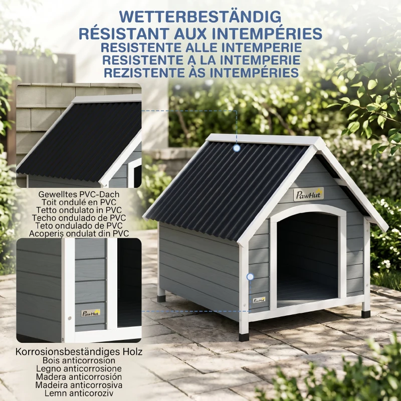 PawHut Cușcă pentru câini din lemn pentru exterior, căsuță pentru câini mari cu podea detașabilă, 84x99x87cm, gri