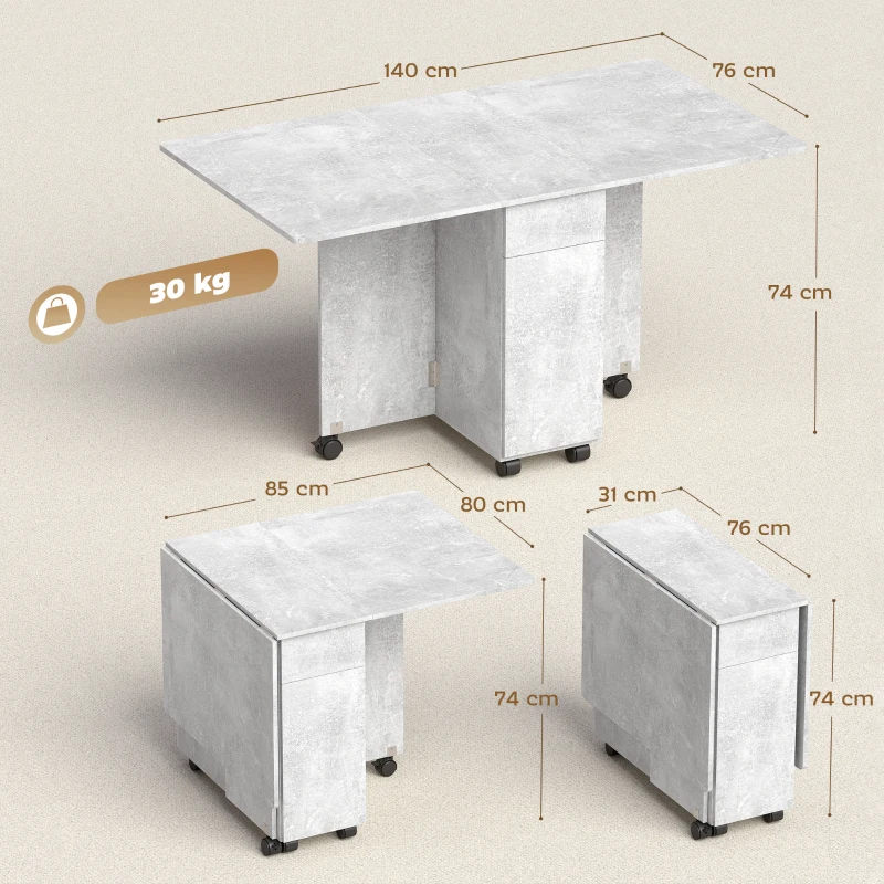 HOMCOM Masă de Bucătărie Pliabilă pe Roți cu 2 Sertare, 2 Uși și Dulap, din Lemn, 140x76x74 cm, Gri Ciment