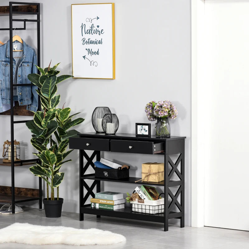 HOMCOM Table de console table d'entrée style table de drapier néo-rétro 2 tiroirs 2 étagères dim. 100L x 30,5l x 80H cm en bois noir