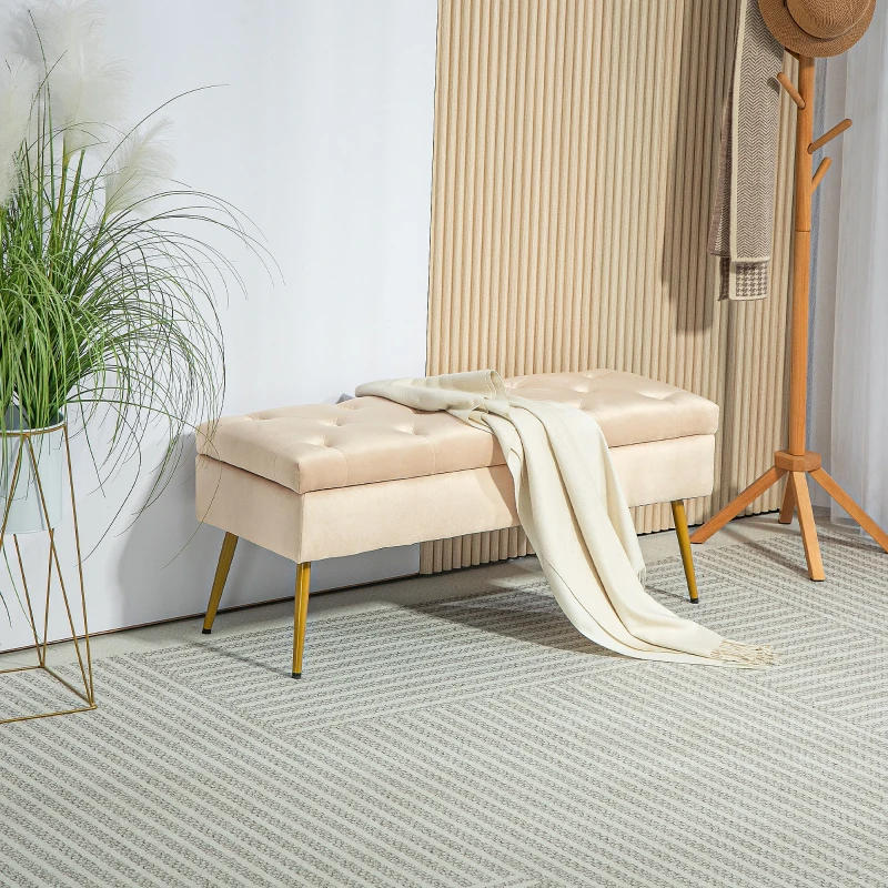 HOMCOM Banco com Arrumação em Visual Aveludado Pufe Estofado com Design Capitonê Estrutura Metálica 102x35x43 cm Bege