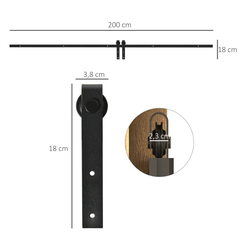 HOMCOM Kit per Porta Scorrevole in Legno con Binario 200cm e Portata 20kg, Nero