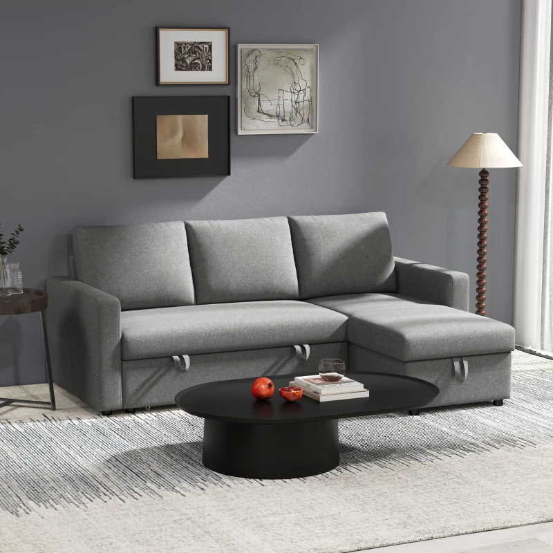 HOMCOM Sofá de Canto com Função de Dormir Baú Chaise Longue Sofá-Cama Sofá de Tecido em L Aspeto Linho 211,5x146x85 cm Cinza Claro