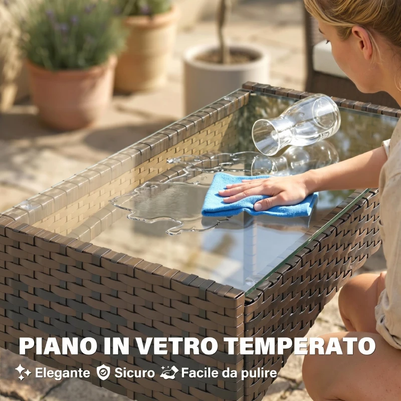 Outsunny Set da Giardino 4 Pezzi con Divano 2 Posti, 2 Sedie e Tavolino Basso, in Rattan e Acciaio, Beige e Marrone