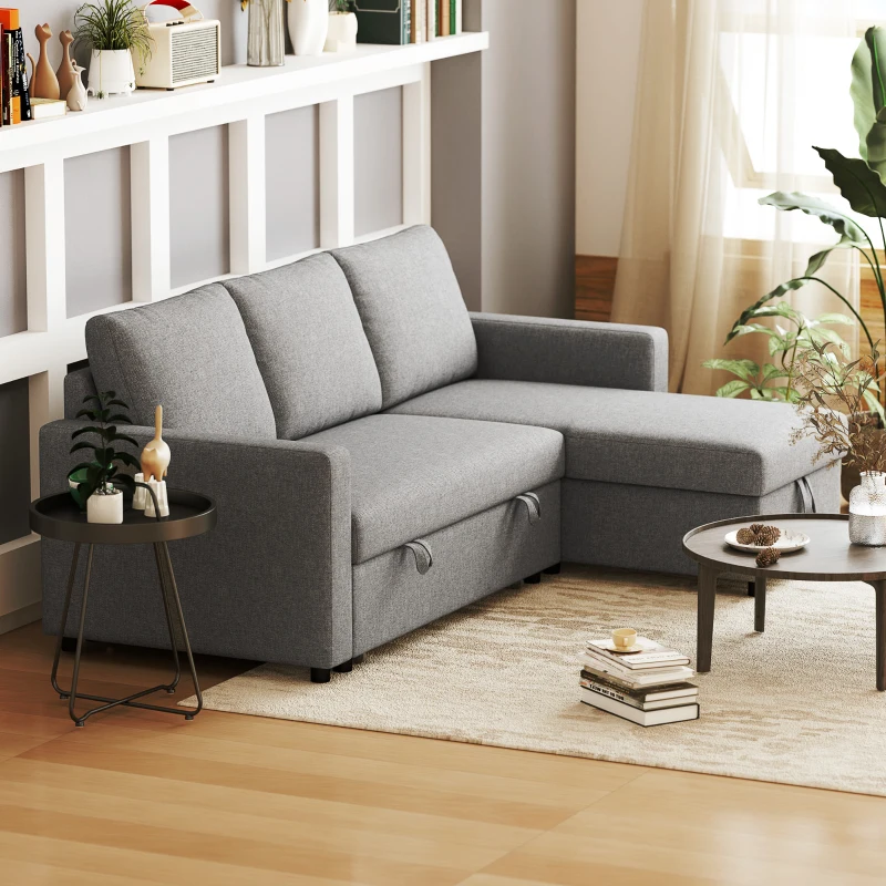 HOMCOM Sofá de Canto com Função de Dormir Baú Chaise Longue Sofá-Cama Sofá de Tecido em L Aspeto Linho 211,5x146x85 cm Cinza Claro