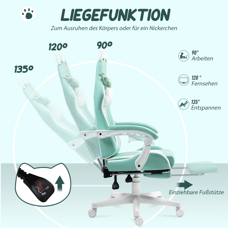 HOMCOM Gaming-Sessel mit Katzenohren, neigbare Lehne, ausziehbare Fußstütze, bis 120 kg belastbar, Tiffanyblau