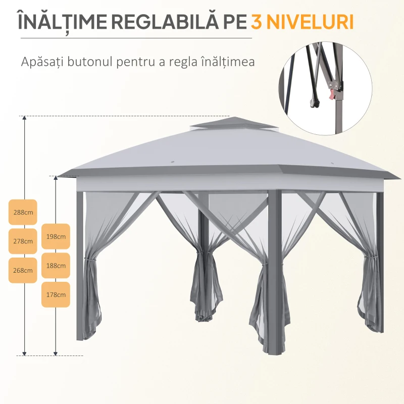 Outsunny Pavilion de Exterior Pliabil Reglabil pe Înălțime, cu Plase pentru Țânțari, 3.3x3.3x2.8 m, Gri