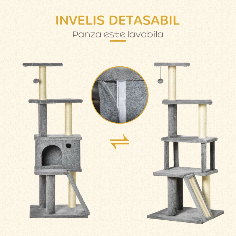 PawHut Albero Tiragraffi Multilivello con Casetta, Scala, Pallina e Pali in Sisal, 48x48x125 cm, Grigio
