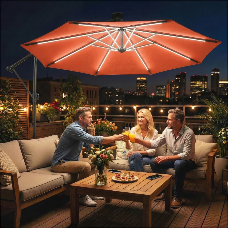 Outsunny 3 m Garden Cantilever Parasol with LED Solar Light, Round Overhanging Umbrella with 360° Rotation, Cover, Orange