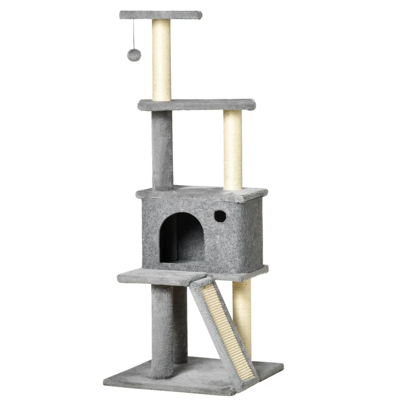 PawHut Albero Tiragraffi Multilivello con Casetta, Scala, Pallina e Pali in Sisal, 48x48x125 cm, Grigio