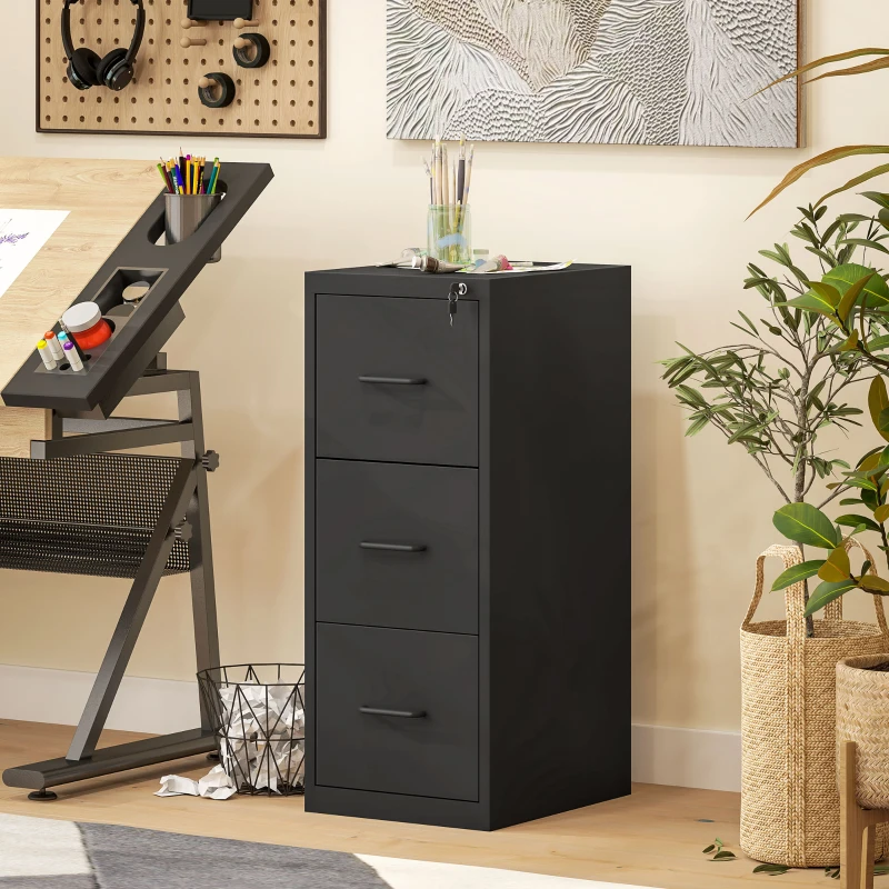 HOMCOM Schedario Portadocumenti Minimal a 3 Cassetti con Barra Regolabile, in Acciaio, 36.5x46.2x99 cm, Nero
