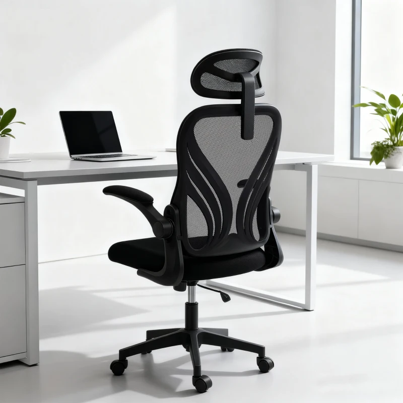 HOMCOM Scaun de Birou Ergonomic cu Brațe Rabatabile, Suport Lombar și Tetieră Reglabilă, Negru