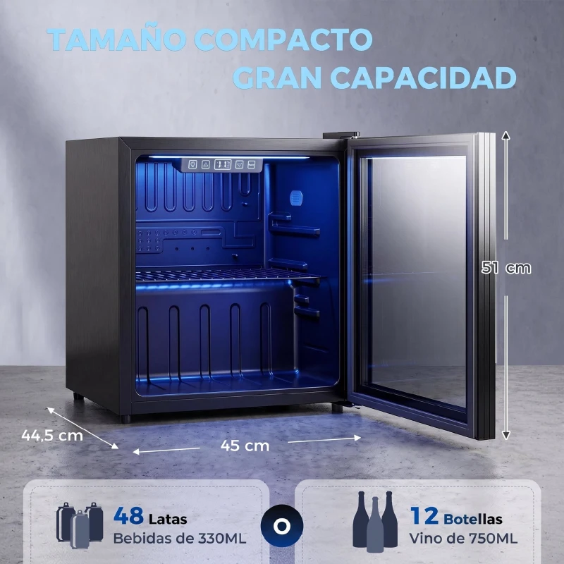 HOMCOM Frigorífico de Bebidas 50 L con Puerta de Vidrio Doble Iluminación LED Estante Ajustable para 48 Latas