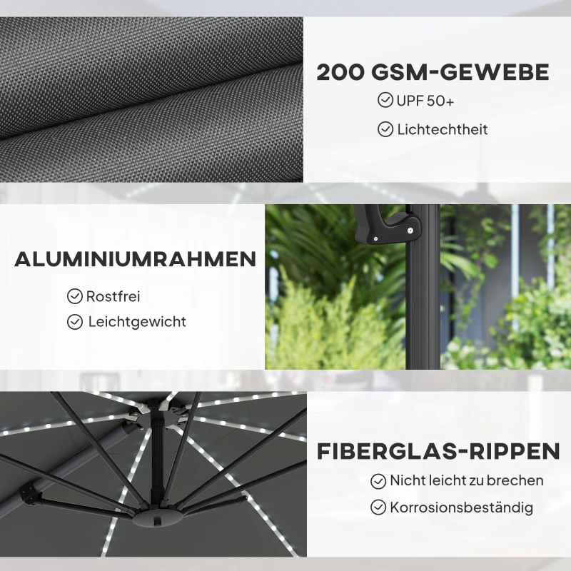 Outsunny Alu Ampelschirm LED Solar Ø300 cm höhenverstellbar Sonnenschirm mit Kurbel Ständer UV50+ Dunkelgrau