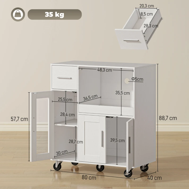 HOMCOM Armário de Cozinha com Rodízios Cómoda Móvel com Prateleiras Gavetas Prateleira Ajustável Orifício para Cabo Branco