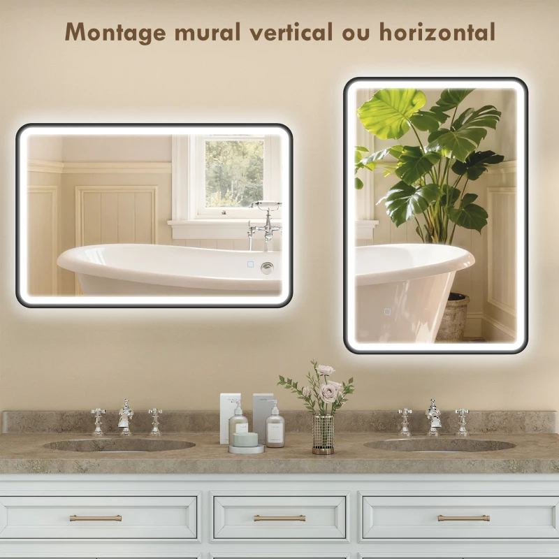 HOMCOM Miroir salle de bain avec éclairage 90 x 60 cm, miroir LED mural, anti-buée, 3 couleurs lumière, dimmable, noir