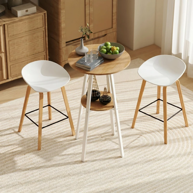 HOMCOM Masă Înaltă Rotundă cu Raft, Masă Modernă pentru Bucătărie sau Dining, PAL, Metal, Lemn Natural și Alb