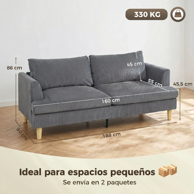 HOMCOM Sofá de 3 Plazas Tapizado en Pana Acolchado Grueso de Muelles Asiento Ancho 2 Almohadas 188x80x86 cm Gris Oscuro