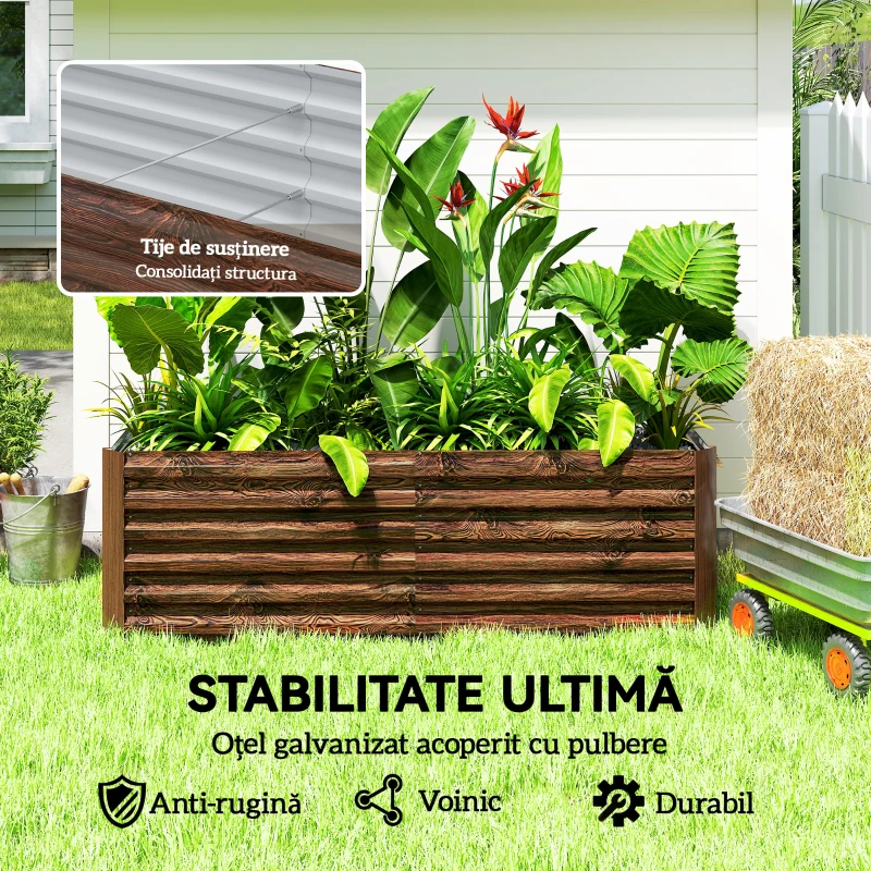 Outsunny Strat de Grădină Înălțat Exterior cu Fund Deschis și Bare de Suport, Ghiveci Metalic din Oțel Zincat pentru Flori și Legume, 180x90x57,5 cm, Maro Închis