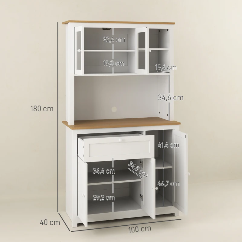 HOMCOM Armário de cozinha estilo rústico, 1 vitrine, 1 prateleira aberta, 1 gaveta, 2 armários, natural + branco