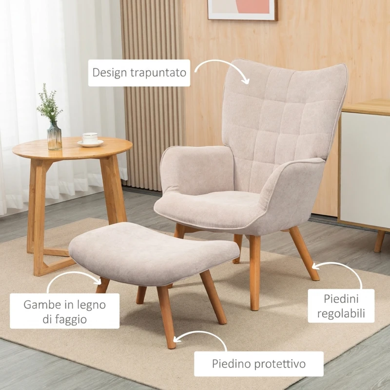 HOMCOM Poltrona Relax con Pouf Poggiapiedi in Velluto a Costine con Schienale Alto e Braccioli, Beige