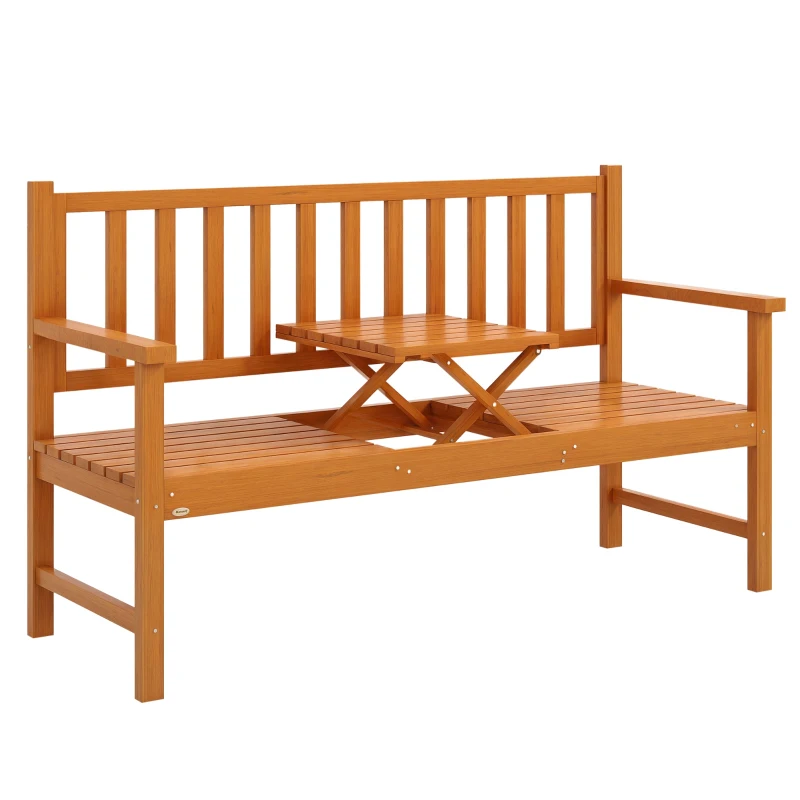 Outsunny Bancă de Grădină pentru 2-3 Persoane din Lemn de Pin, Bancă de Exterior cu Măsuță Rabatabilă și Brațe, pentru Balcon, Terasă și Grădină, 153x56x91 cm, Maro Deschis