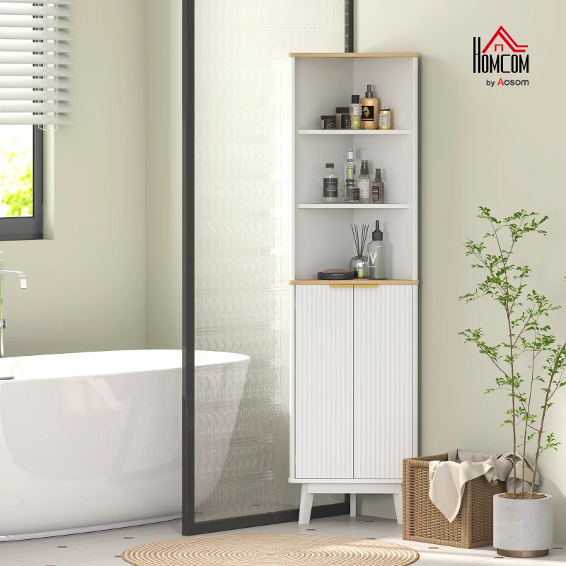HOMCOM Tall Bathroom Storage Cabinet, Slim Bathroom Storage Unit with Doors and Adjustable Shelves, Freestanding Bathroom Cabinet with Curved Profile Design, White