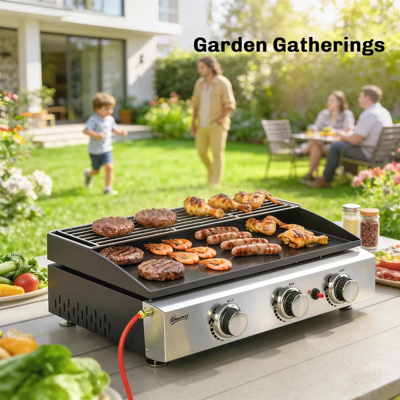 Outsunny 3 Burner Grill Griddle, Portable Gas Plancha with Warming Rack, 7.5 kW, Tabletop Gas BBQ with Grease Cup, Black