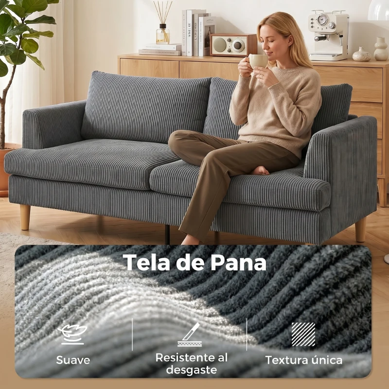 HOMCOM Sofá de 3 Plazas Tapizado en Pana Acolchado Grueso de Muelles Asiento Ancho 2 Almohadas 188x80x86 cm Gris Oscuro