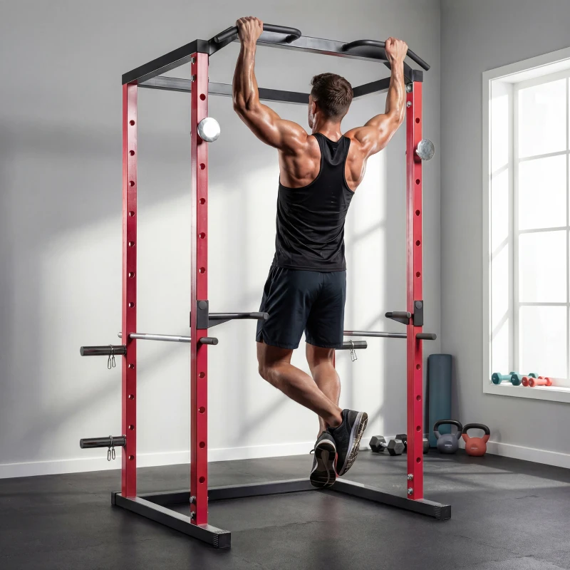 SPORTNOW Jaula de Potencia Rack de Sentadillas con Barra Dominadas Estación de Fondos Ajustable para Casa Gimnasio Carga 460 kg