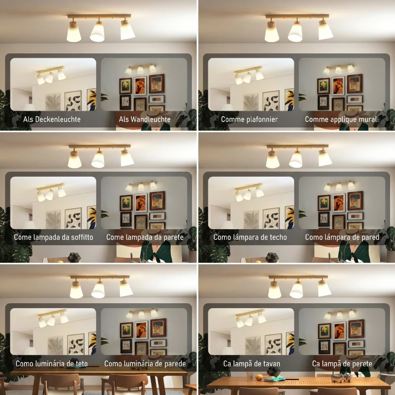 HOMCOM Candelabru de Tavan cu 3 Puncte de Lumină Reglabile la 90° și Dulii E27, Culoare Lemn