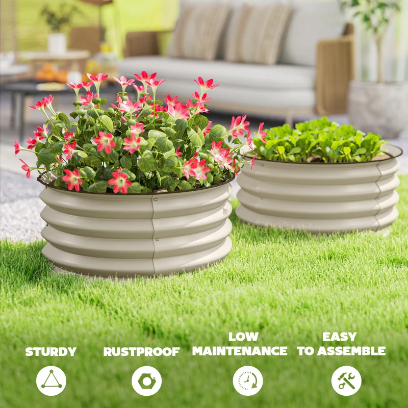 Outsunny Set of 2 Raised Garden Bed, Metal Planter Box with Safety Edging, Easy-to-assemble Stock Tank, Cream White