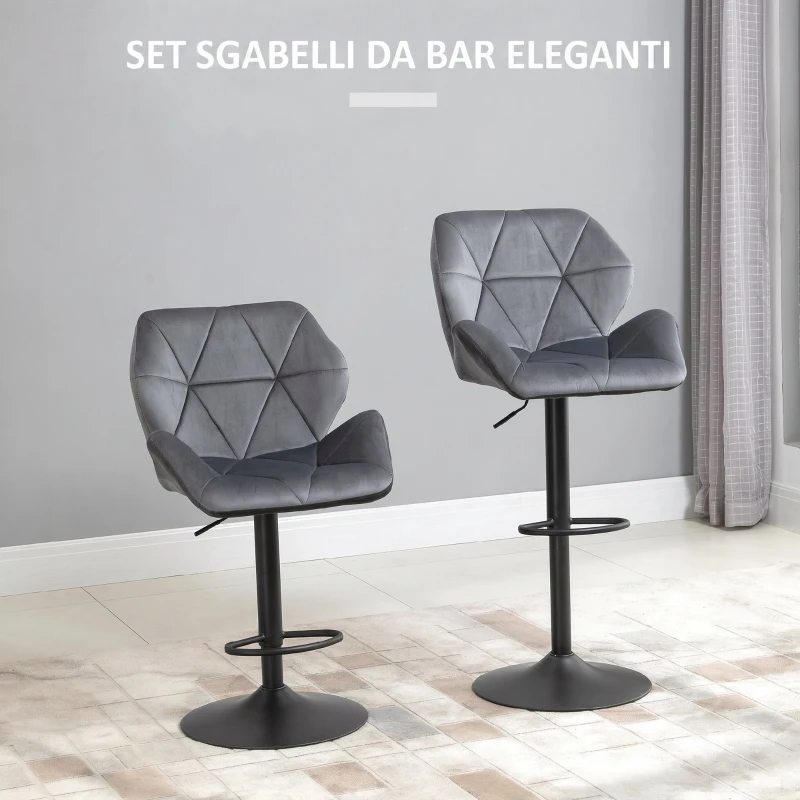 HOMCOM Set di 2 Sgabelli da Bar Alti in Velluto Imbottiti con Altezza Regolabile, Sgabelli Cucina Girevoli con Schienale e Poggiapiedi, Grigio