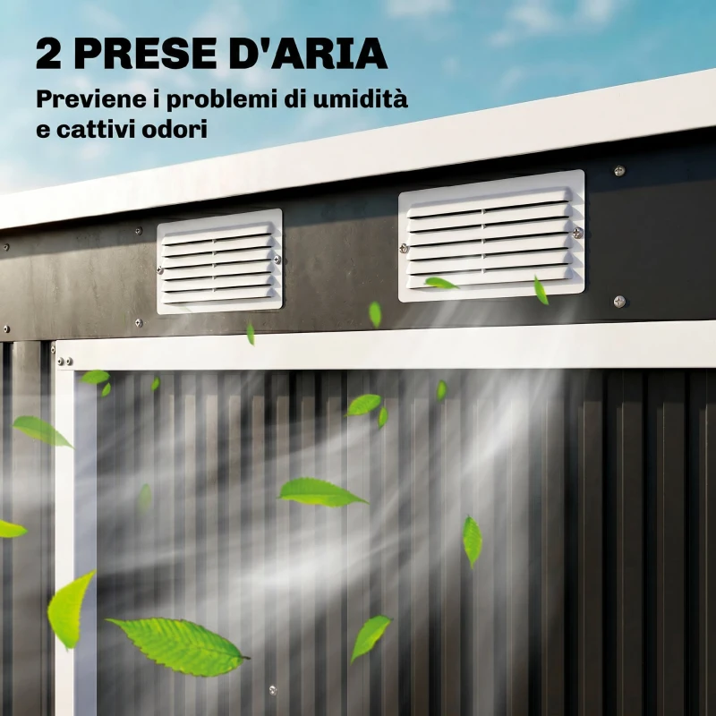 Outsunny Capanno Attrezzi con Tetto Inclinato, 2 Ingressi e Prese d'Aria, in Acciaio, 213x130x172 cm, Grigio Scuro