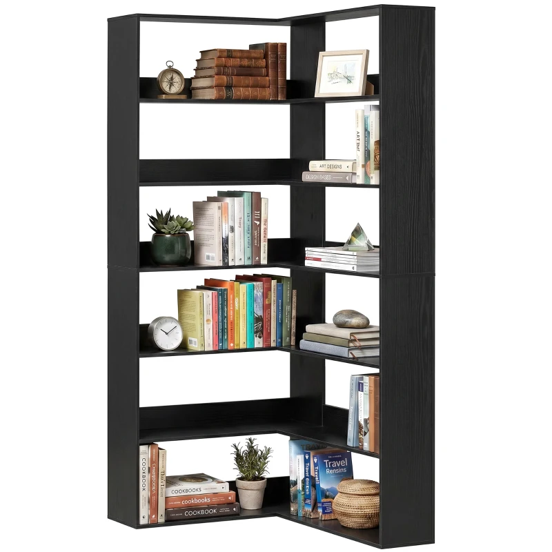 HOMCOM 7 Tiers Bookshelf, L-Shaped Corner Bookcase with Anti-Slip Rear Guard, Black Wood Effect
