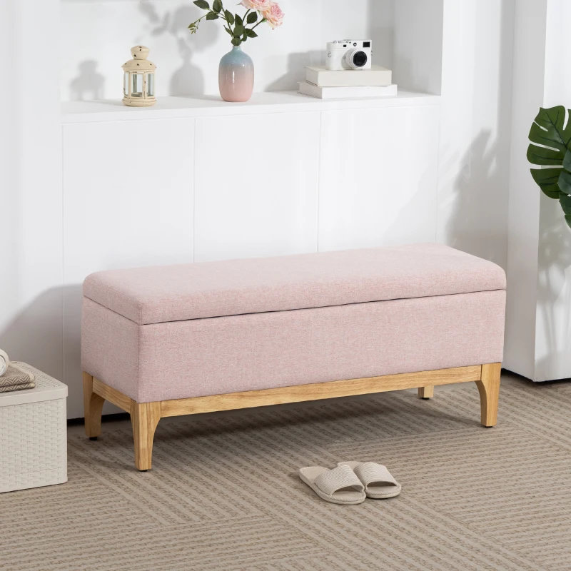 HOMCOM Banc de rangement, coffre de rangement avec couvercle amovible style scandinave, en tissu lin, 110 x 39 x 45 cm, rose