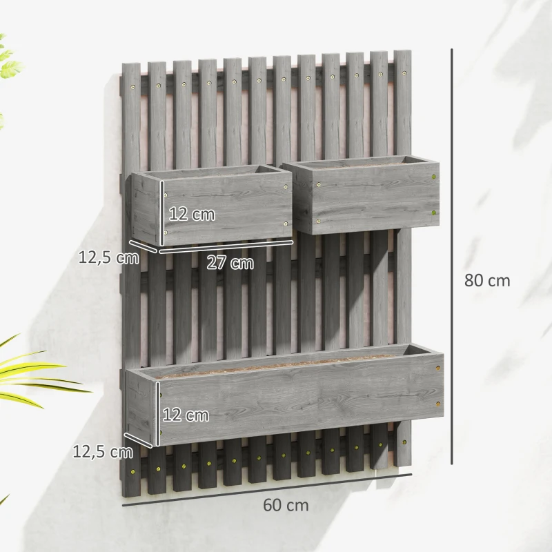Outsunny Jardinière murale potager avec 3 bacs en bois massif amovibles, tissu non tissé, 60 x 16 x 80 cm gris