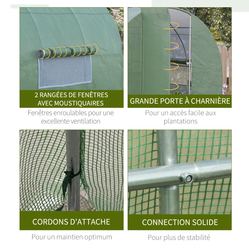 Outsunny Serre de Jardin Tunnel 6 m² Acier galvanisé renforcé diamètre 2,5 cm + PE Haute densité fenêtres Porte Vert